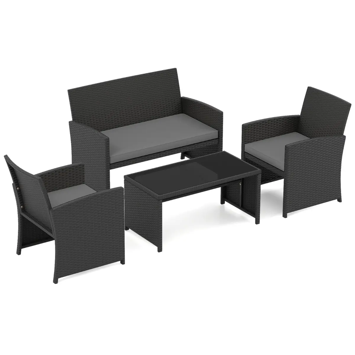 Ensemble de Salon de Jardin en Rotin PE 4 Pièces Canapé 2 Places en Osier avec Fauteuils et Table Basse en Verre Trempé Gris MAISON CHIC