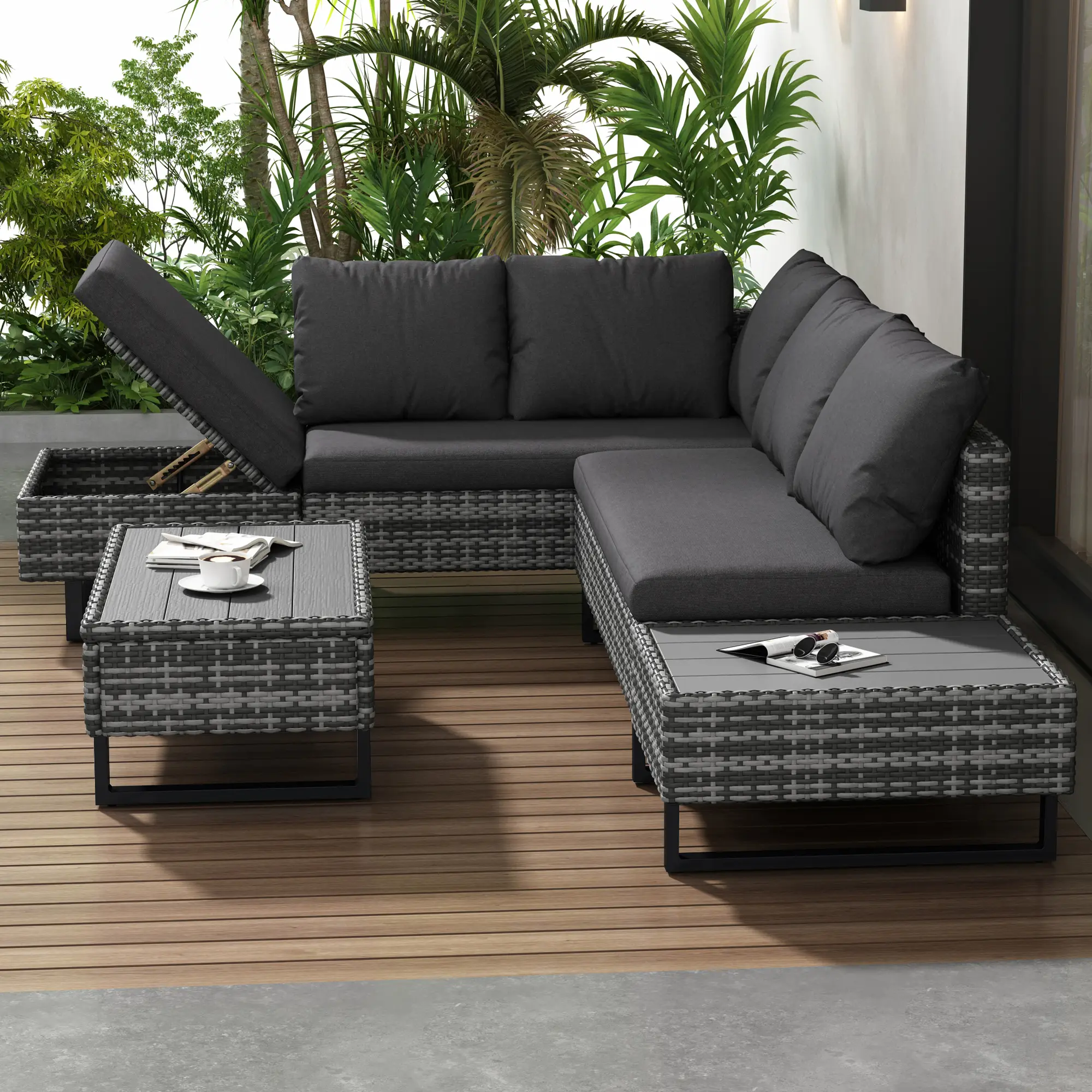 Ensemble de jardin avec canapé d’angle, table et coussins pour 4-5 personnes, déhoussable,Gris