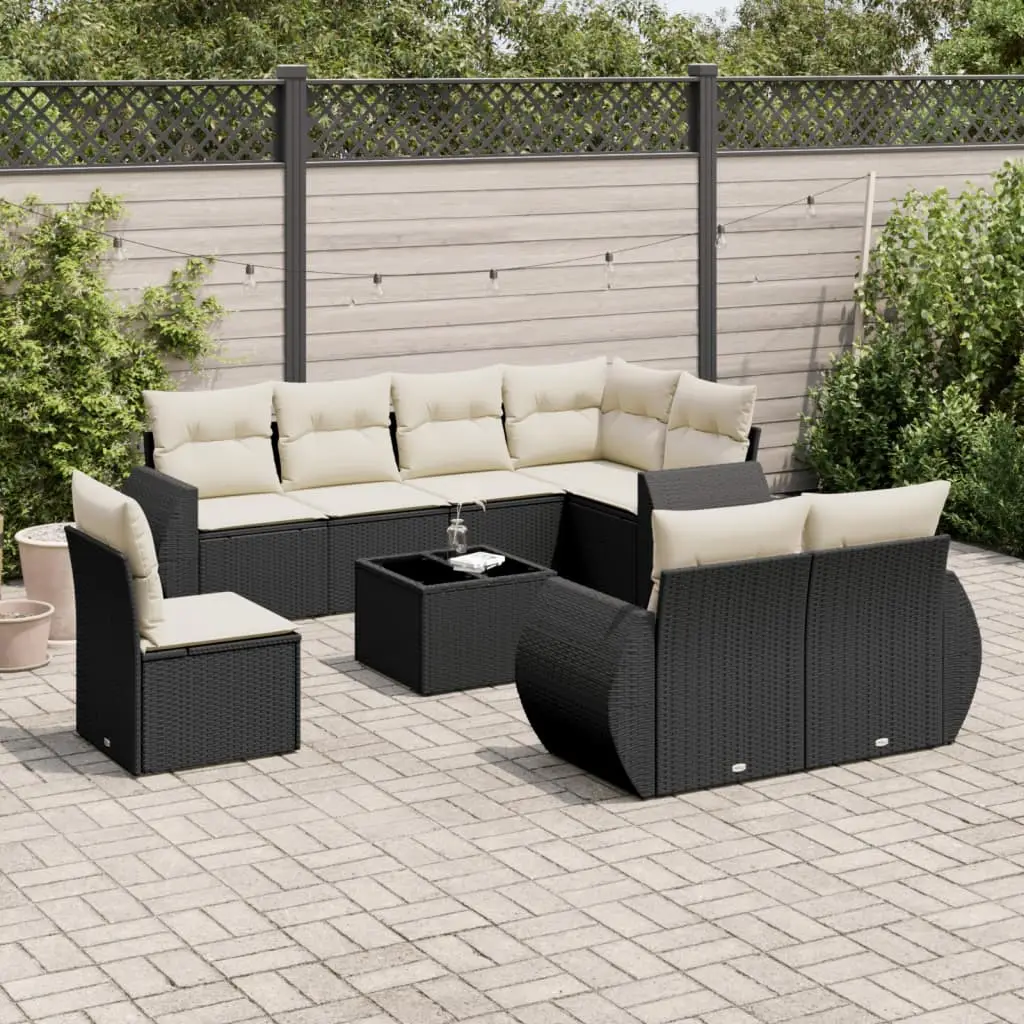 Ensemble de Jardin 9 Pièces Résine Tressée Noire Modulable pour Famille Coussins Crème – ComfortXL Outdoor Living