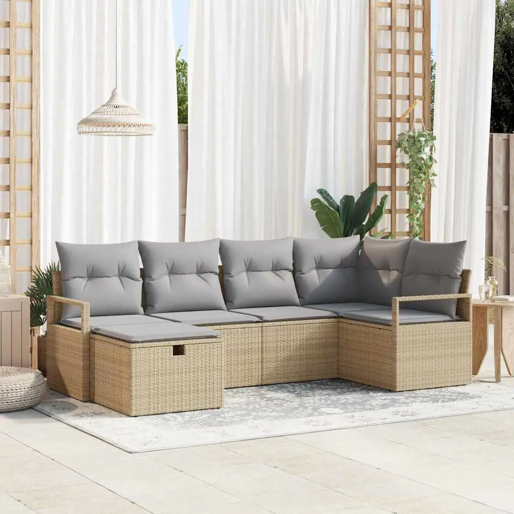 Ensemble de canapé de jardin avec coussin 6 pcs Beige polyrotin vidaXL 3360511 Beige/ Gris clair