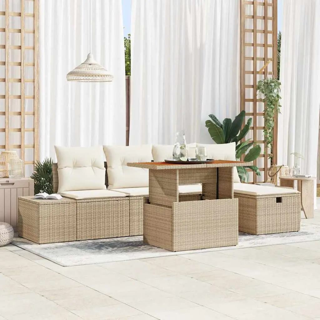Ensemble de canapé de jardin avec coussin 6 pcs Beige polyrotin vidaXL 3360047 Beige/ Blanc crème