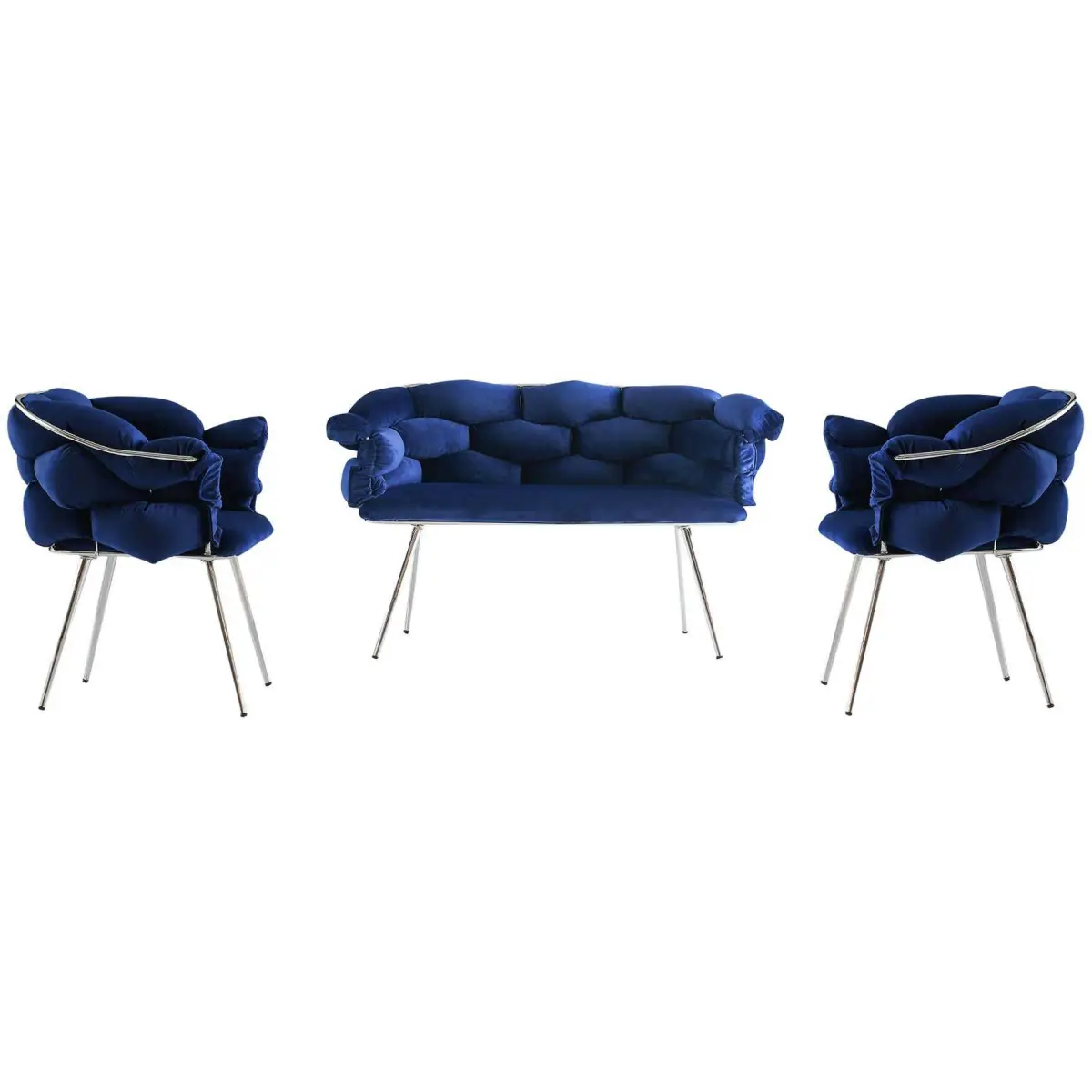 Ensemble canapé et fauteuils Balon Bleu navy et chrome