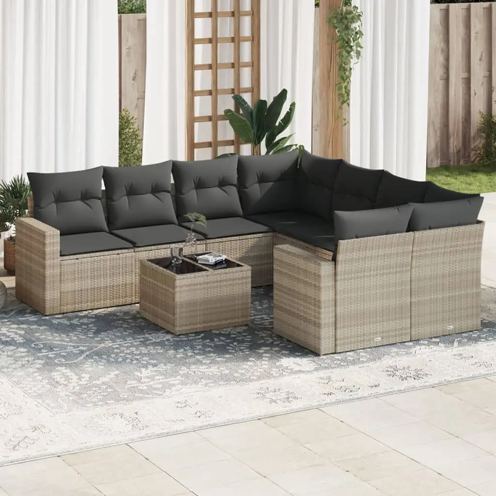 Ensemble de jardin 9 places poly rotin modulable avec table en verre pour terrasse Gris Clair – ComfortXL Outdoor Living