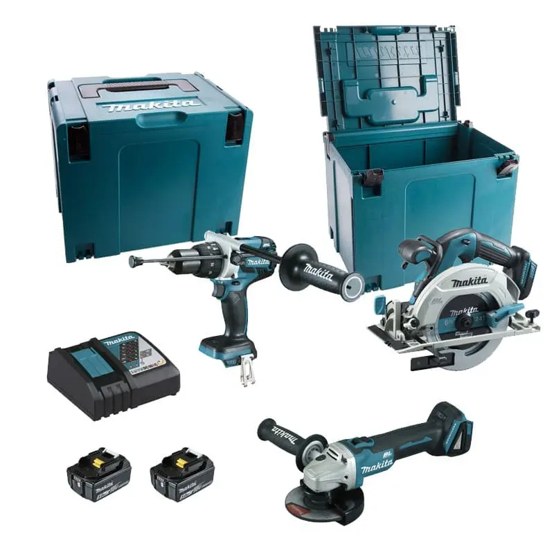 Ensemble de 3 machines 18 V LXT – Perceuse DHP481 + Meuleuse DGA506 + Scie DHS680 -MAKITA – 2 batteries 18V 5Ah + chargeur rapide + 2 MACPAK – DLX3095