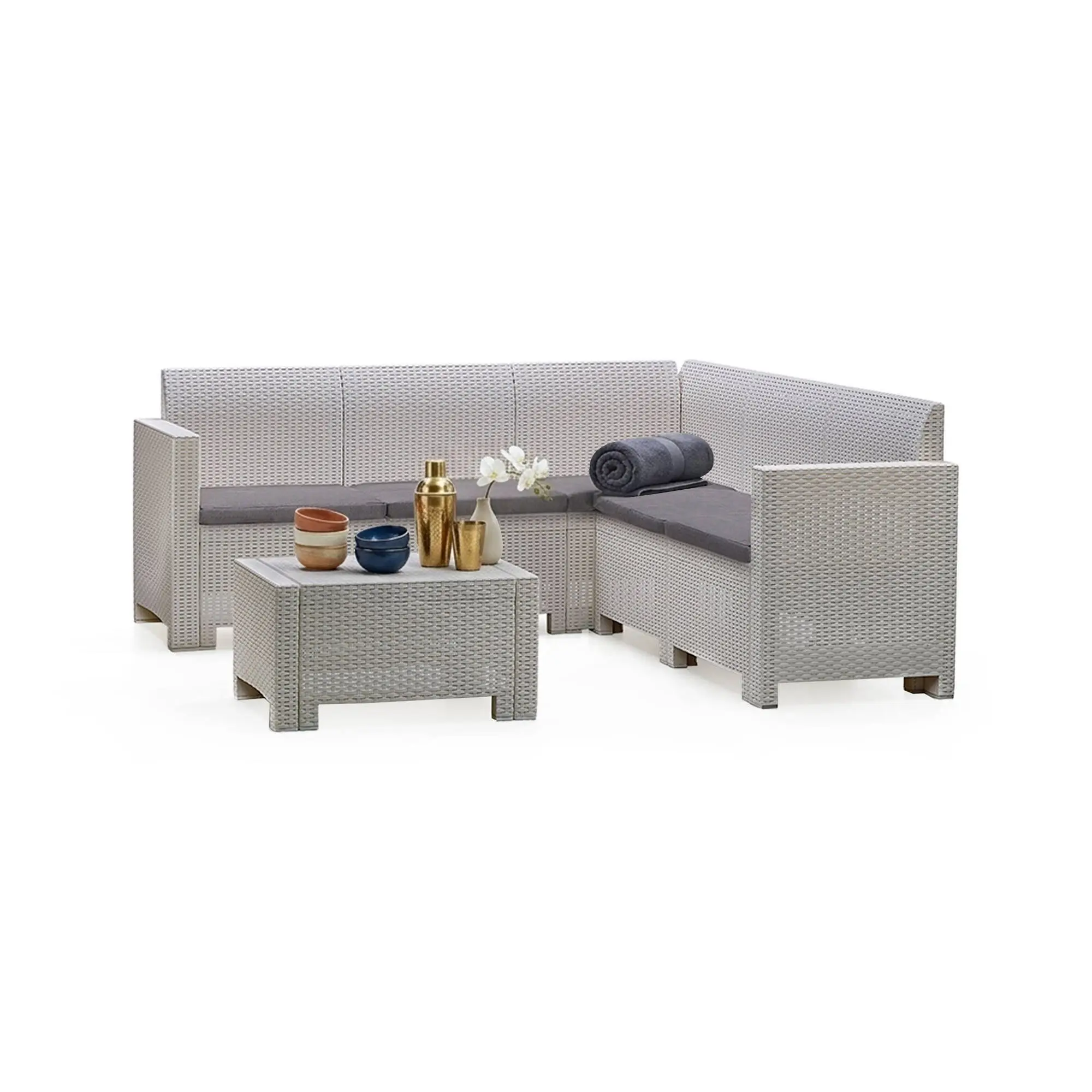 Ensemble de salon d’extérieur Dcorre, Ensemble de jardin avec coussins, Ensemble de salon d’intérieur effet rotin, 100% Made in Italy, Blanc – Dmora famillecouleur2blanc