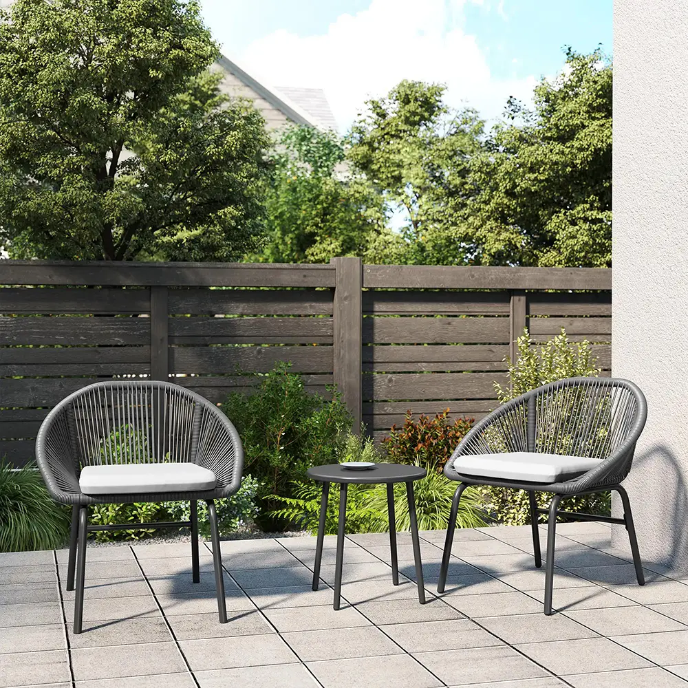 Ensemble de salon de jardin avec coussins moelleux, en corde tressée en résine et acier époxy.
