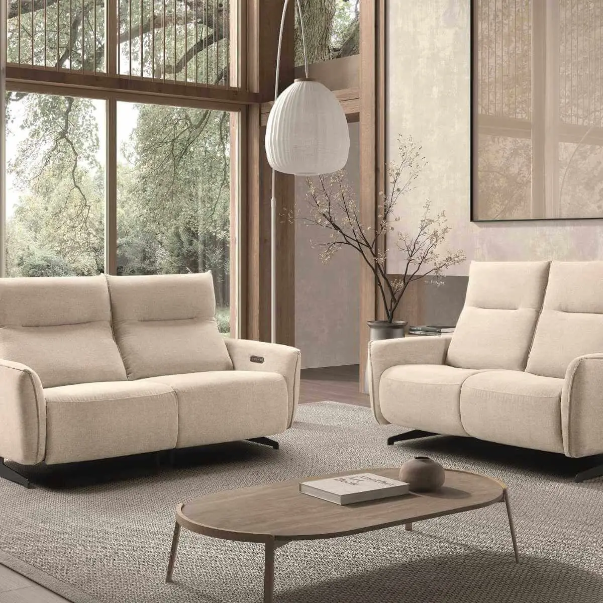Ensemble Canapé relax électrique + canapé fixe tissu polyester beige – MIRAMAR Beige