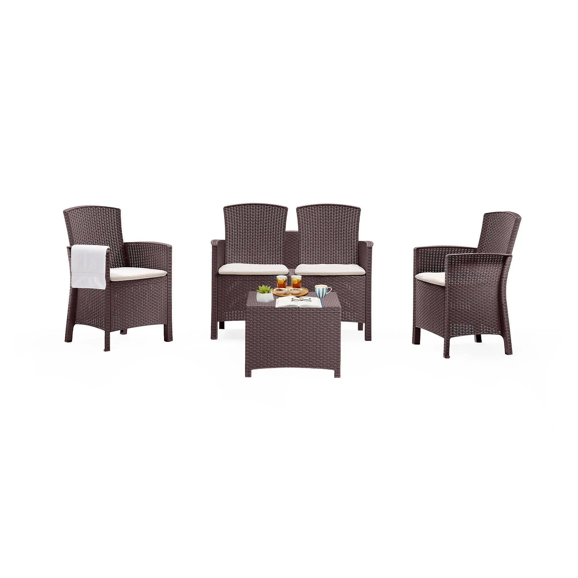 Ensemble de salon d’extérieur Dmorat, Salon de jardin avec coussins, Salon d’intérieur effet rotin, 100% Made in Italy, Marron – Dmora famillecouleur2marron