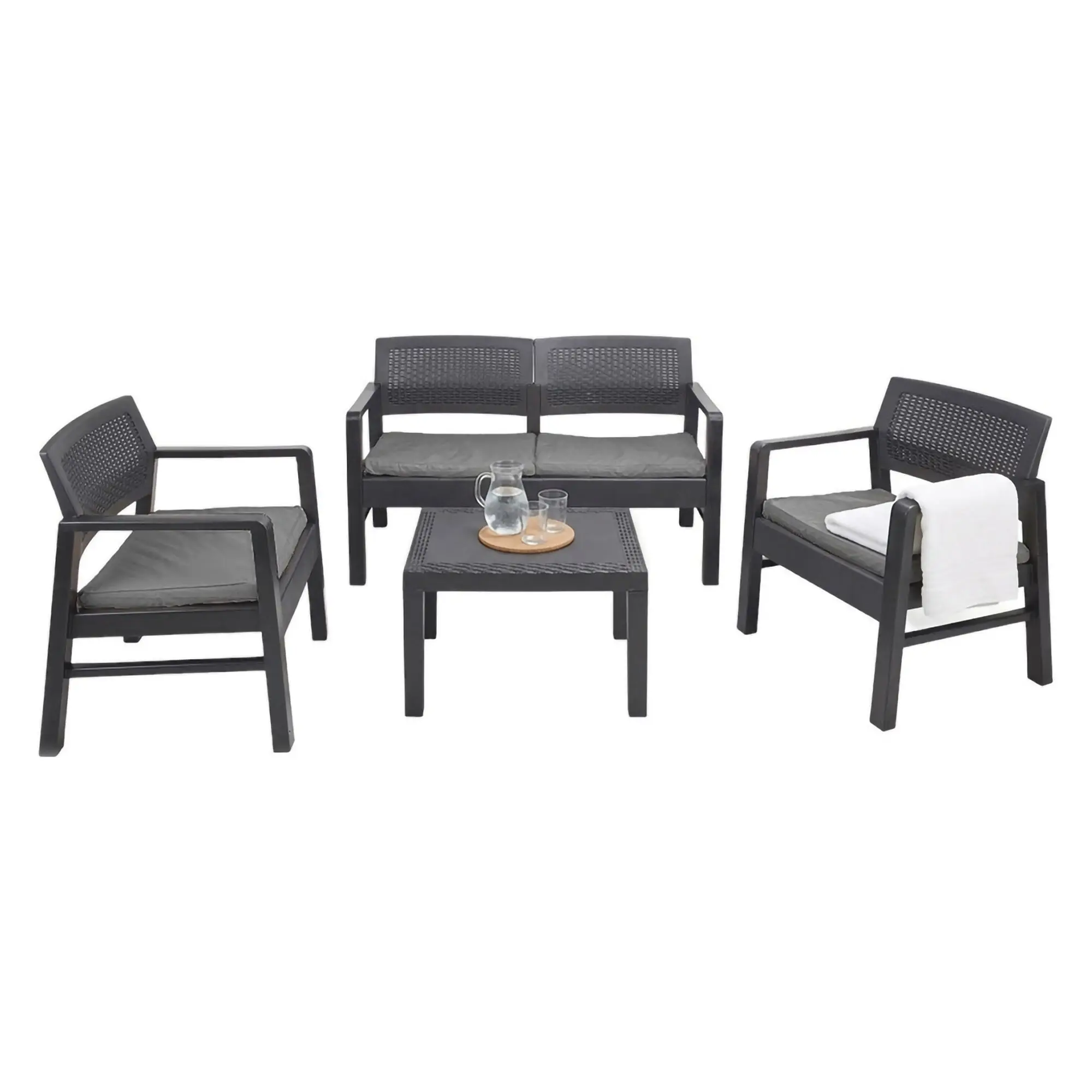 Ensemble de salon d’extérieur Carpi, Composition de jardin avec 2 fauteuils, 1 canapé et 1 table, Salon effet rotin avec coussins, Anthracite – Dmora famillecouleur2noir