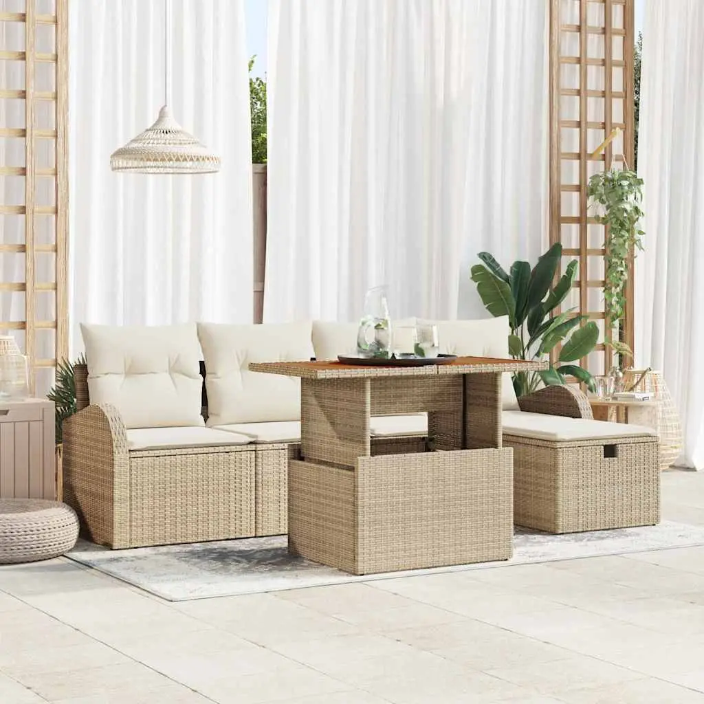 Ensemble de canapé de jardin avec coussin 6 pcs Beige polyrotin vidaXL 3359963 Beige/ Blanc crème