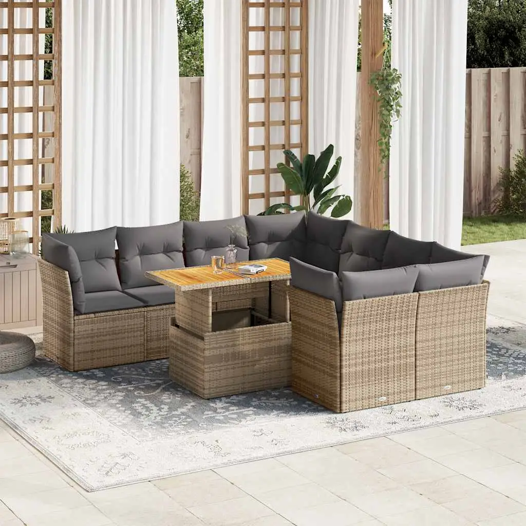 Ensemble de jardin 9 places beige résine tressée et bois avec table modulable et coffres – ComfortXL Outdoor Living