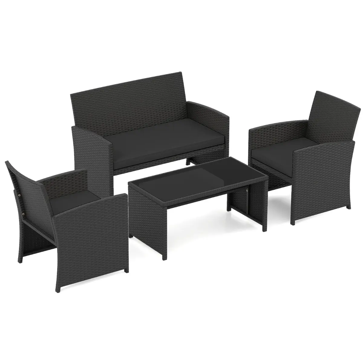 Ensemble de Salon de Jardin en Rotin PE 4 Pièces Canapé 2 Places en Osier avec Fauteuils et Table Basse en Verre Trempé Noir MAISON CHIC