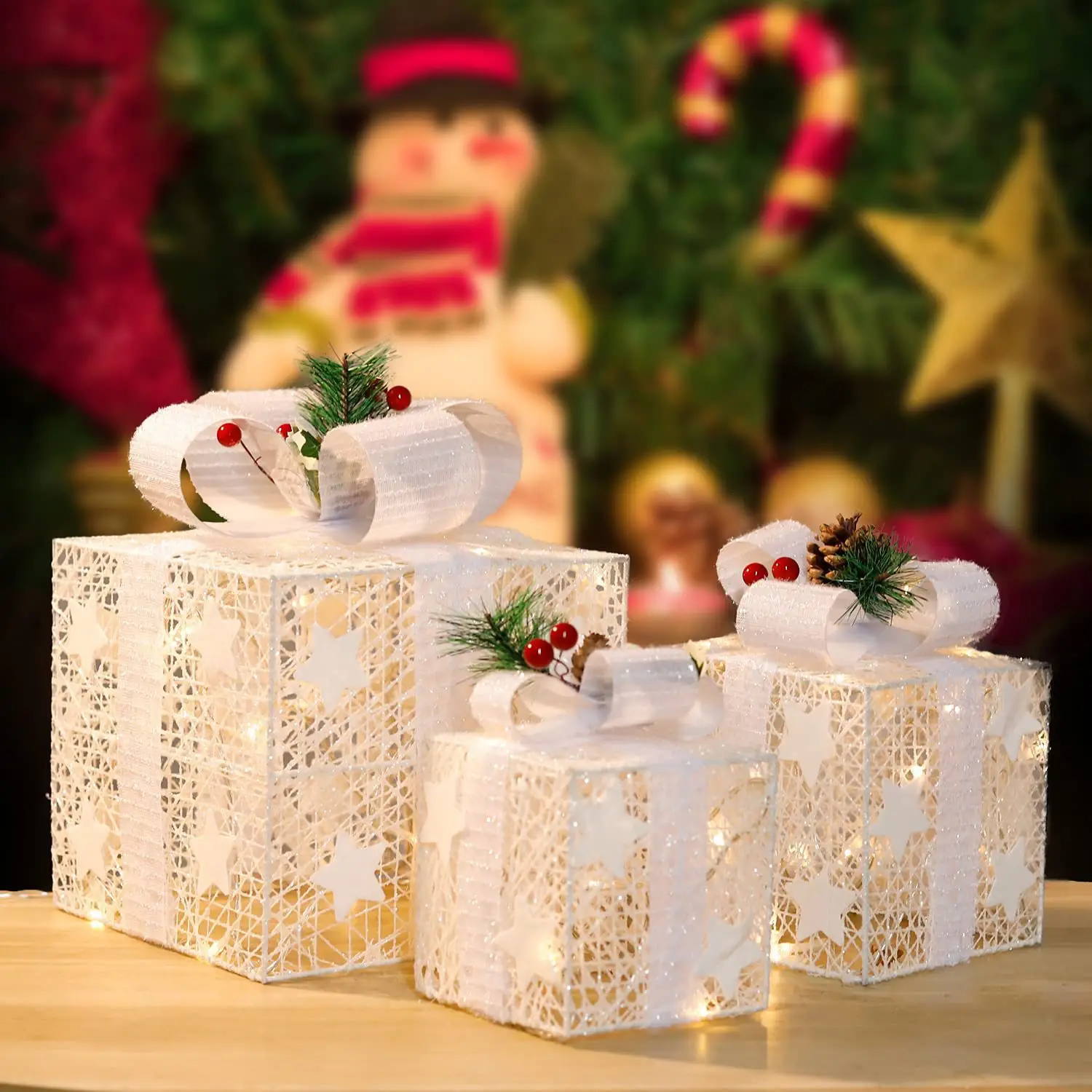 Ensemble de 3 décorations de boîtes-cadeaux éclairées de noël, boîtes d’ornement de cadeaux pliables pré-éclairées, décoration de boîte-cadeau de noël Multicolore
