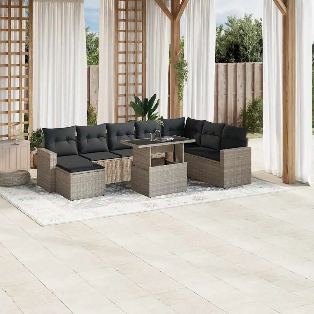 Ensemble de jardin 9 places résine tressée table relevable et pouf gris clair – ComfortXL Outdoor Living