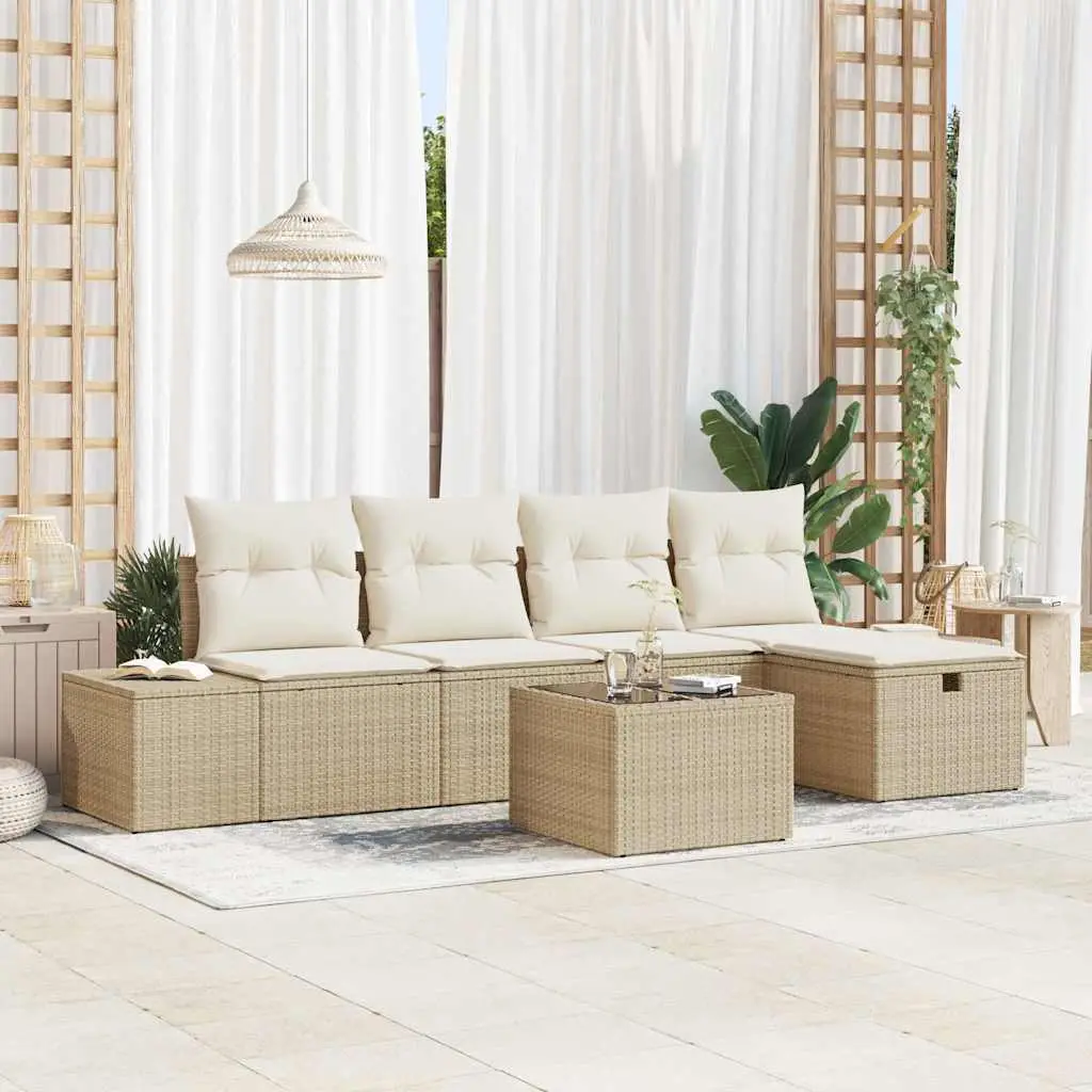 Ensemble de canapé de jardin avec coussin 6 pcs Beige polyrotin vidaXL 3359370 Beige/ Blanc crème