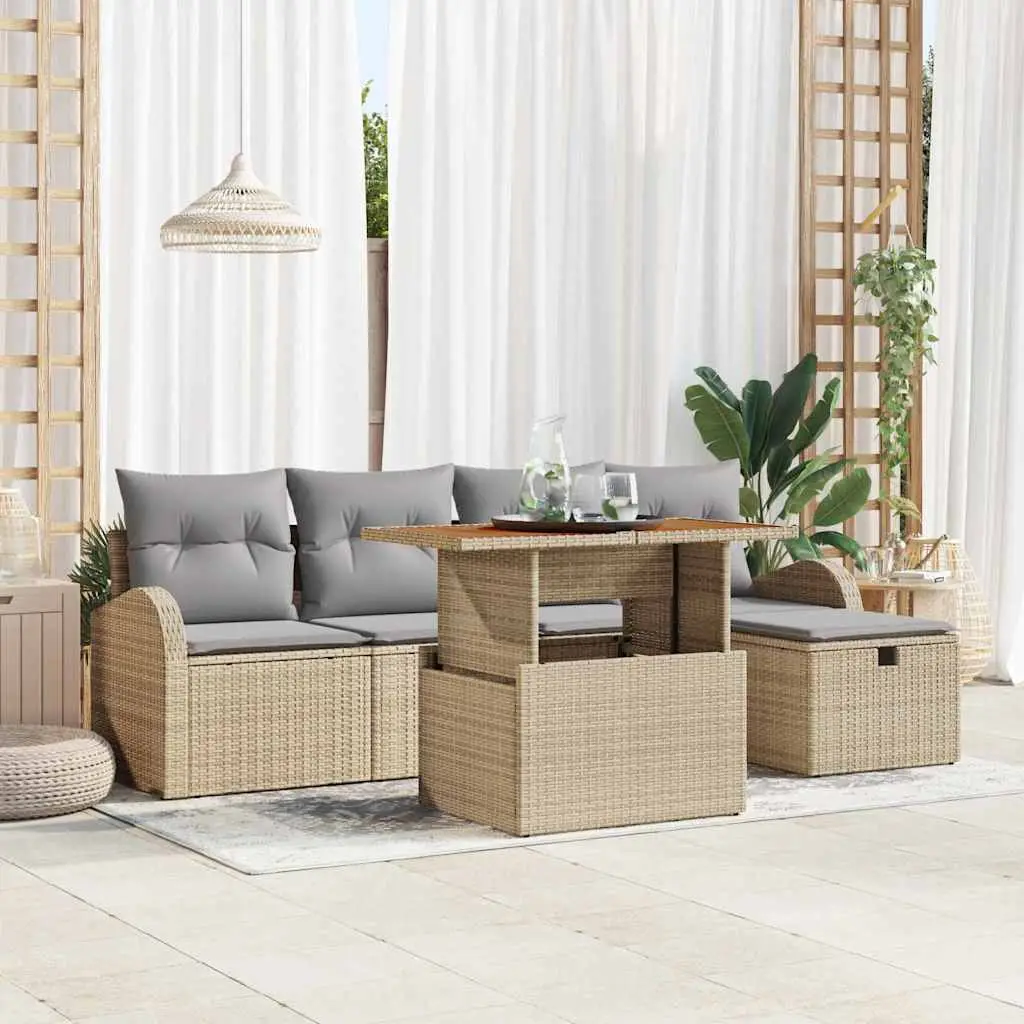 Ensemble de canapé de jardin avec coussin 6 pcs Beige polyrotin vidaXL 3359962 Beige/ Gris clair