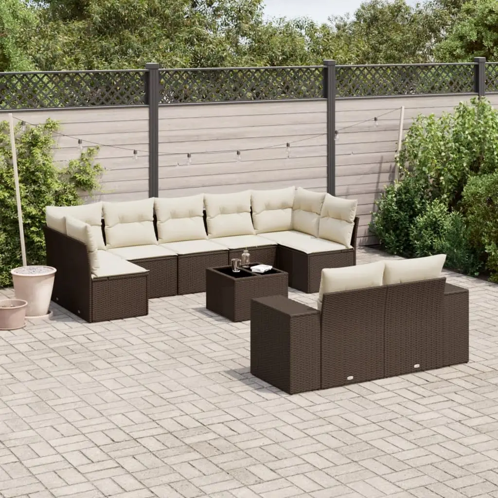Ensemble de Jardin 9 Places Marron Modulable, Table Basse Verre et Fauteuils avec Rangement – ComfortXL Outdoor Living Brun