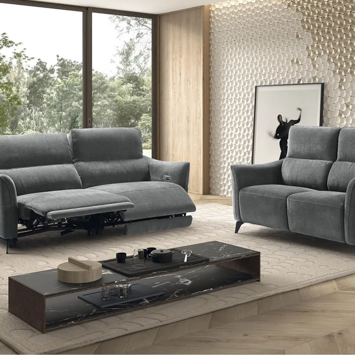 Ensemble Canapé relax électrique + canapé fixe tissu Waterproof Gris – BURGOS