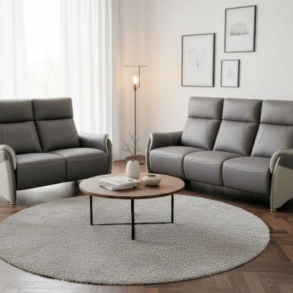 Ensemble canapé relax électrique 3 places + canapé fixe 2 places tissu micro grain gris – SANGY