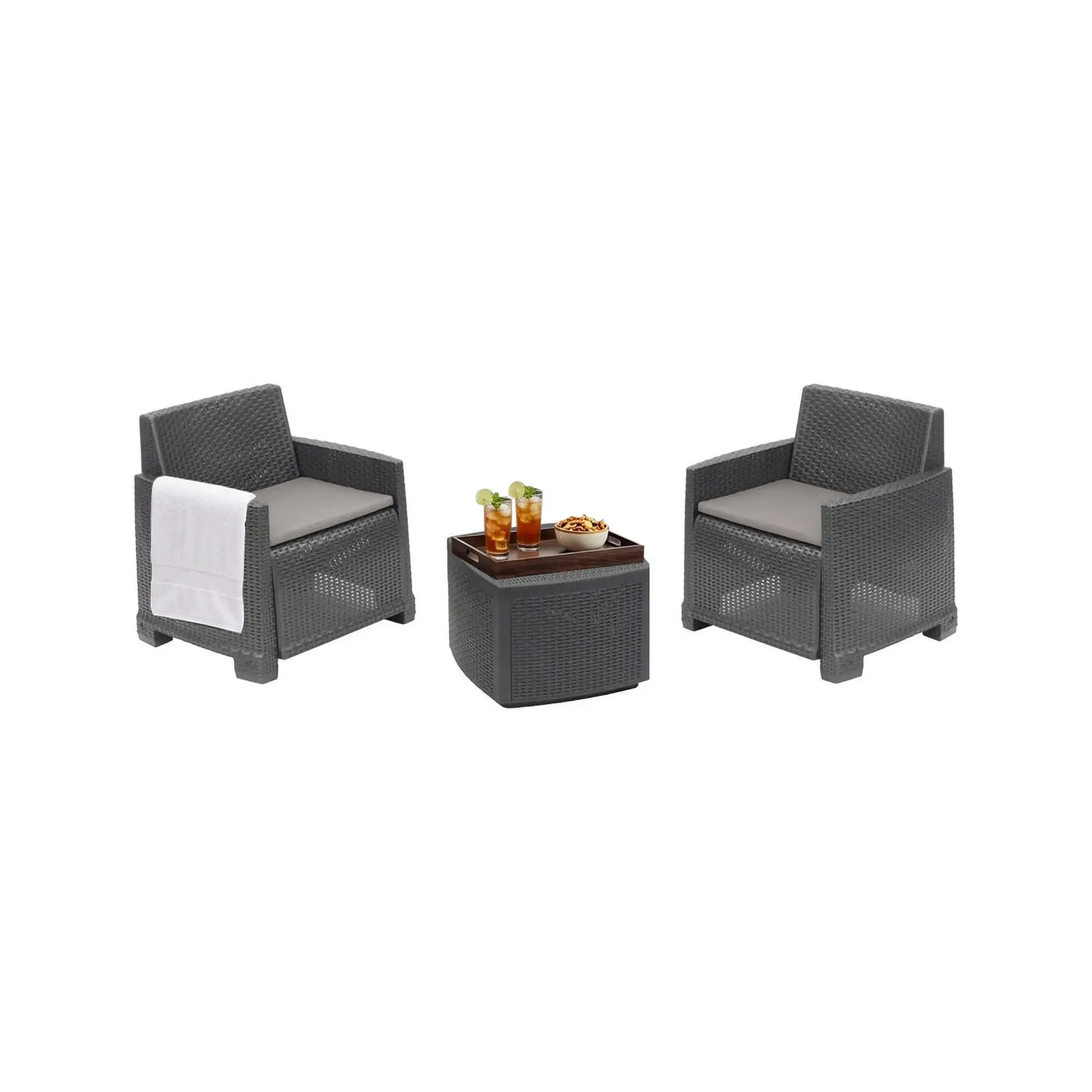 Ensemble de salon d’extérieur Dbelpan, Composition de jardin avec 2 fauteuils et 1 table de rangement, Effet rotin avec coussins, Anthracite – Dmora famillecouleur2noir