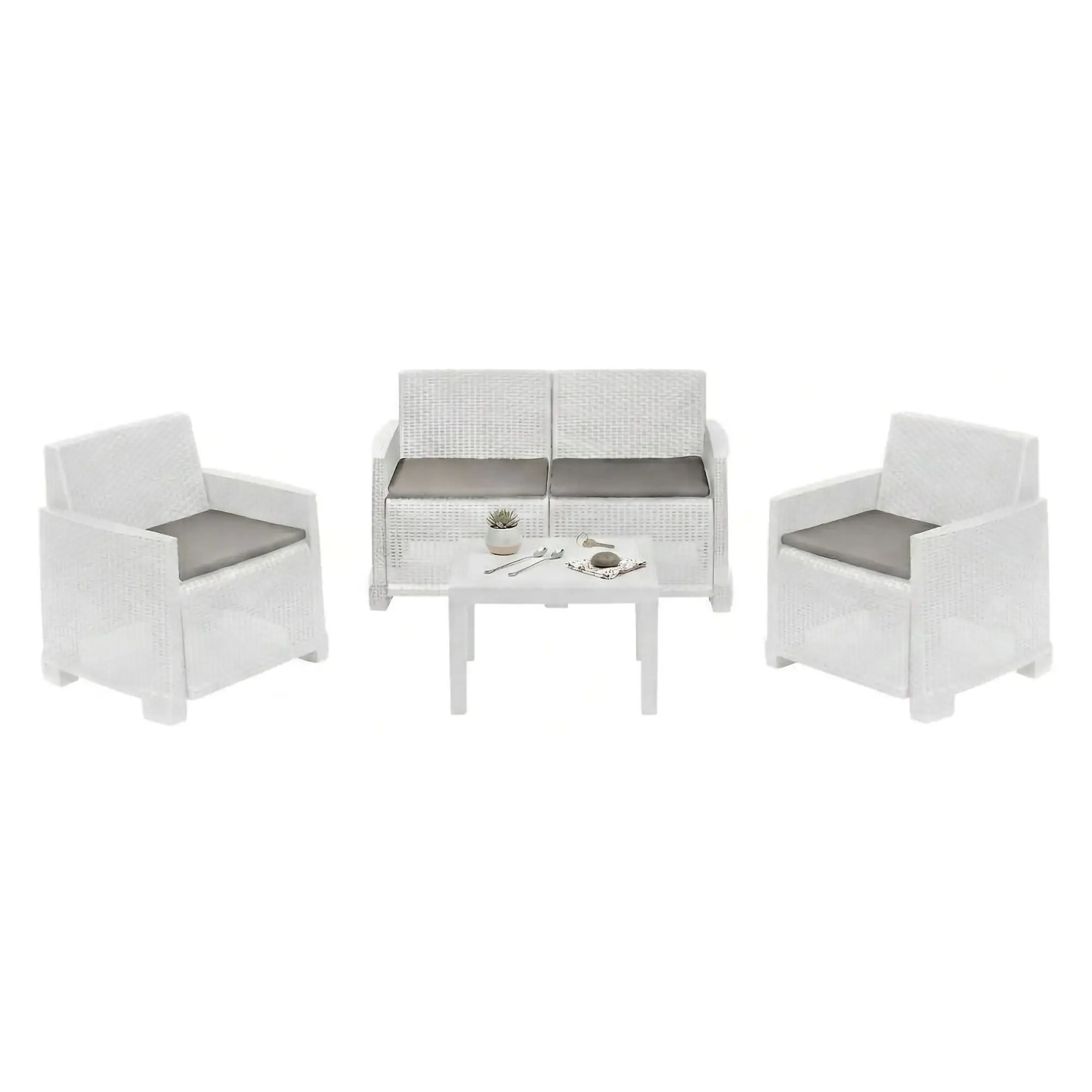 Ensemble de salon d’extérieur Dbagnolin, Composition de jardin avec 2 fauteuils, 1 canapé et 1 table basse, Effet rotin avec coussins, Blanc – Dmora famillecouleur2blanc