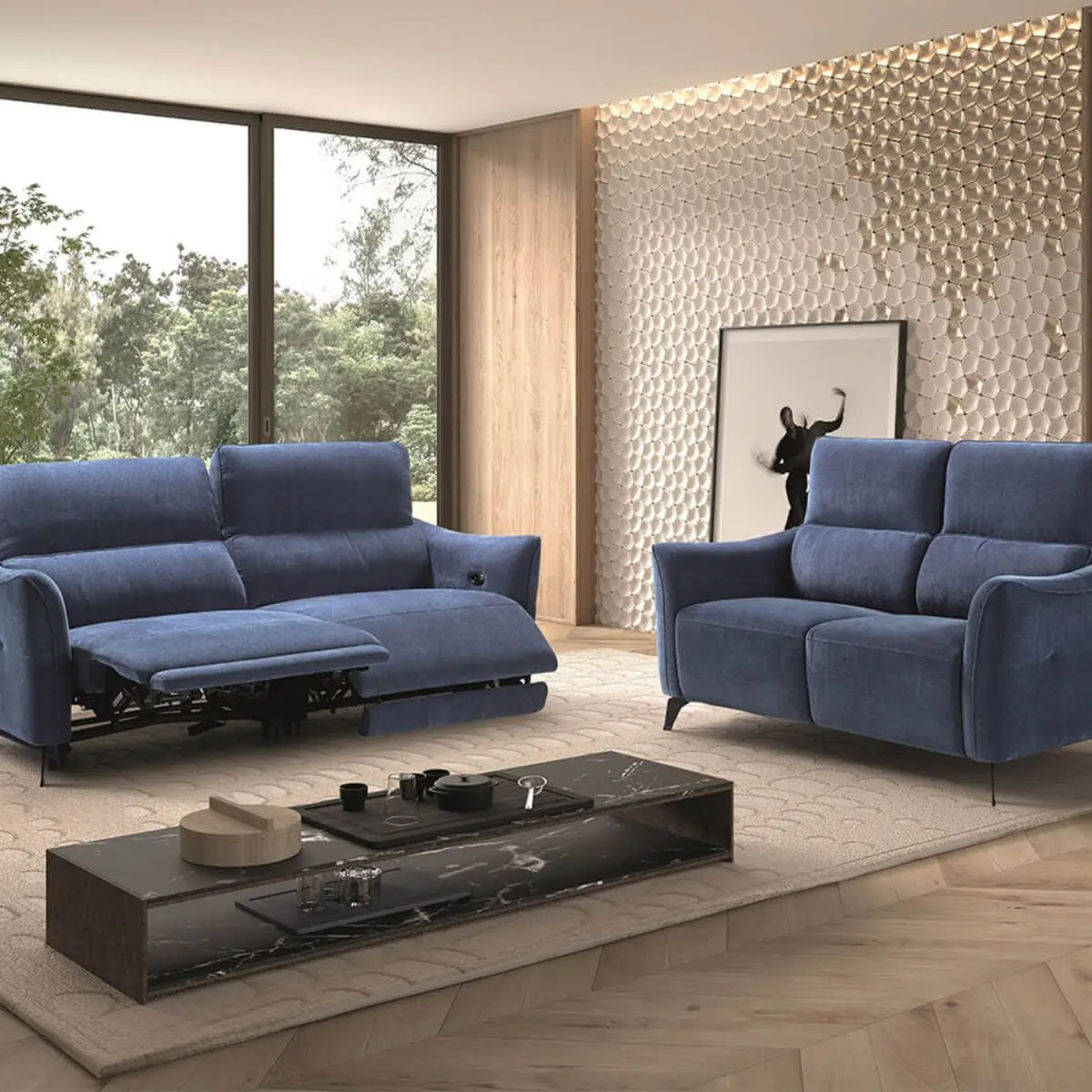 Ensemble Canapé relax électrique 3pl + canapé fixe tissu Waterproof Bleu – BURGOS