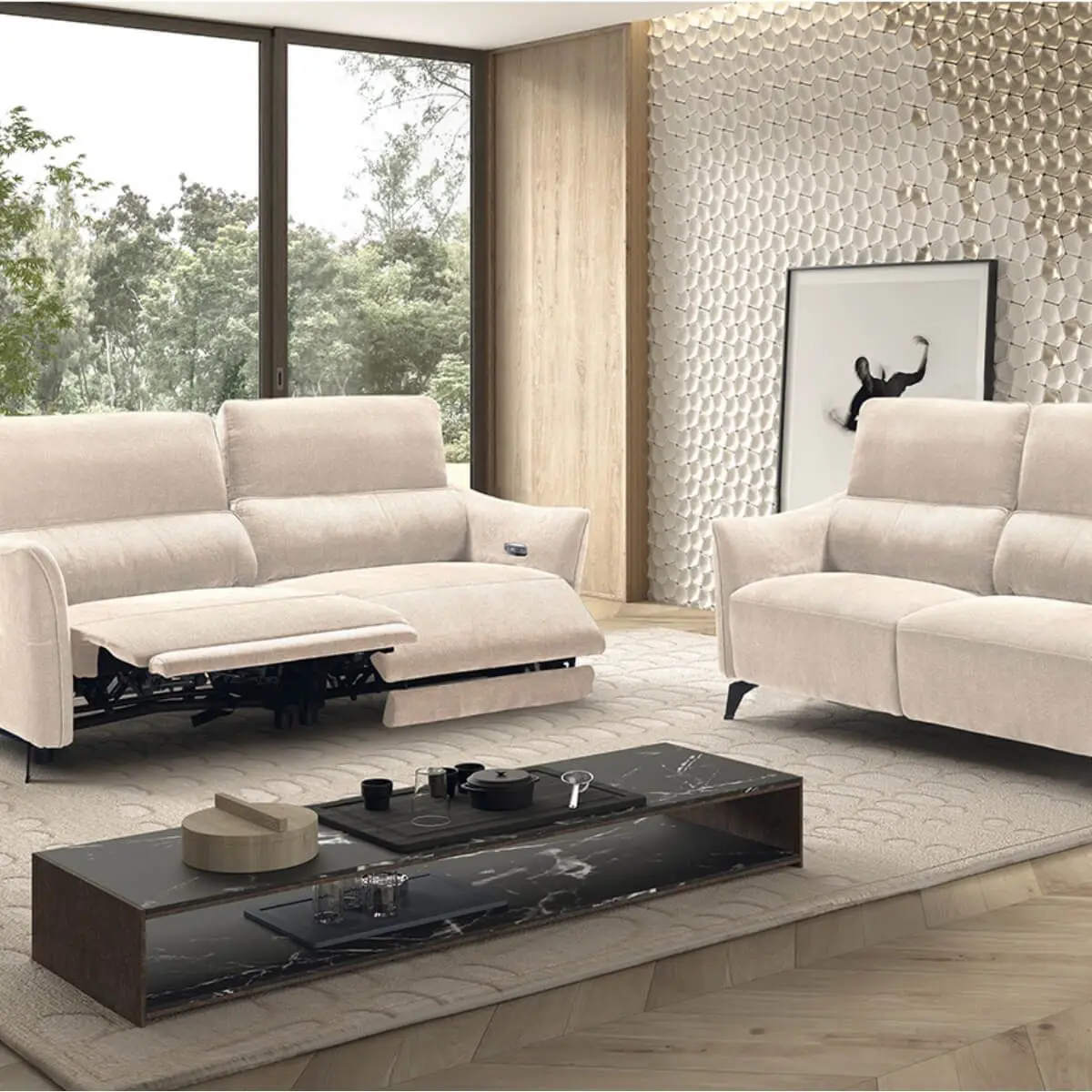 Ensemble Canapé relax électrique + canapé fixe tissu Waterproof Beige – BURGOS