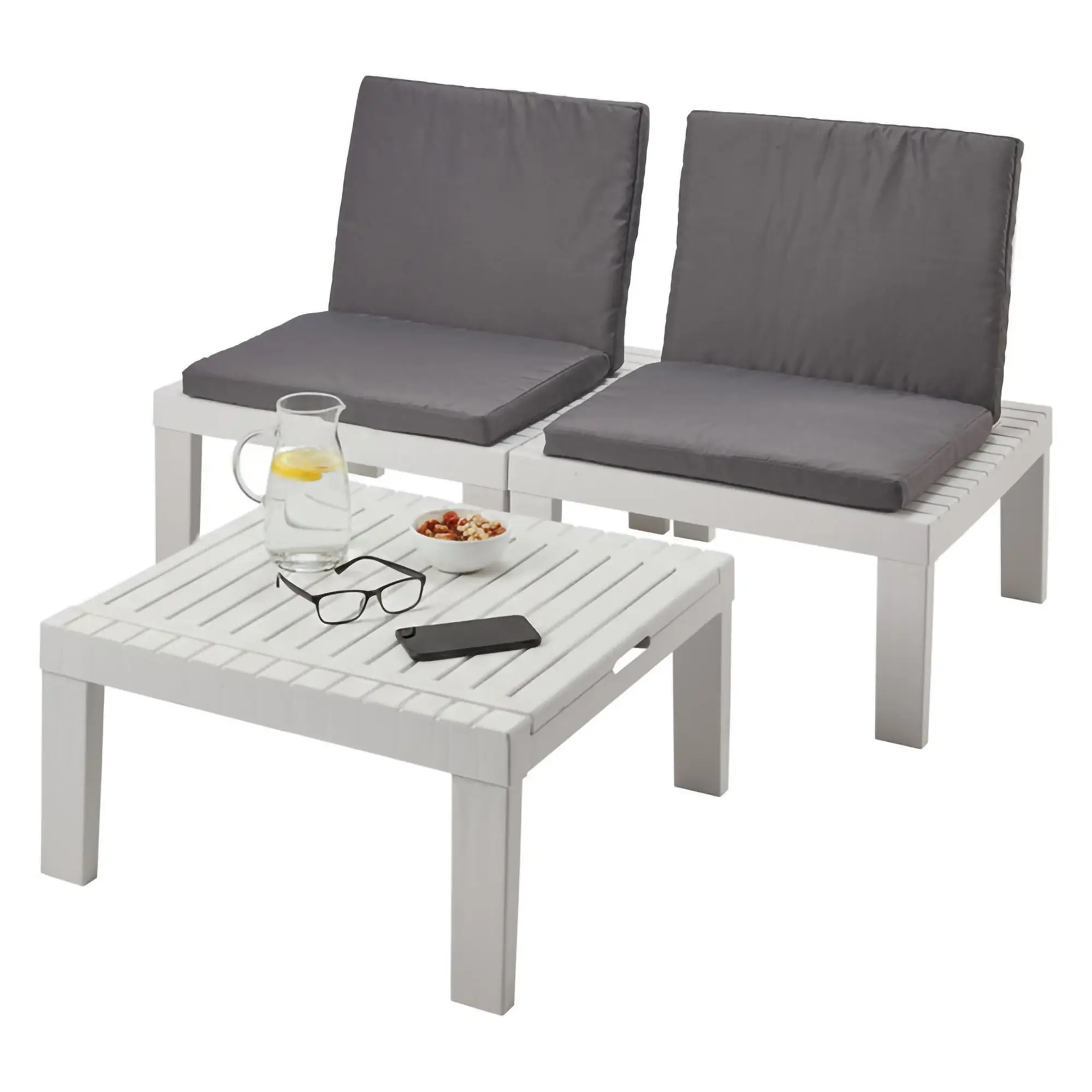Ensemble de salon d’extérieur Cervia, Composition de jardin avec 2 sièges avec dossier et 1 module multifonction, Lounge avec coussins, Blanc – Dmora famillecouleur2blanc