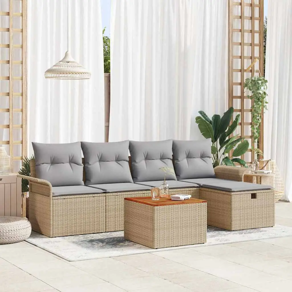 Ensemble de canapé de jardin avec coussin 6 pcs Beige polyrotin vidaXL 3359448 Beige/ Gris clair