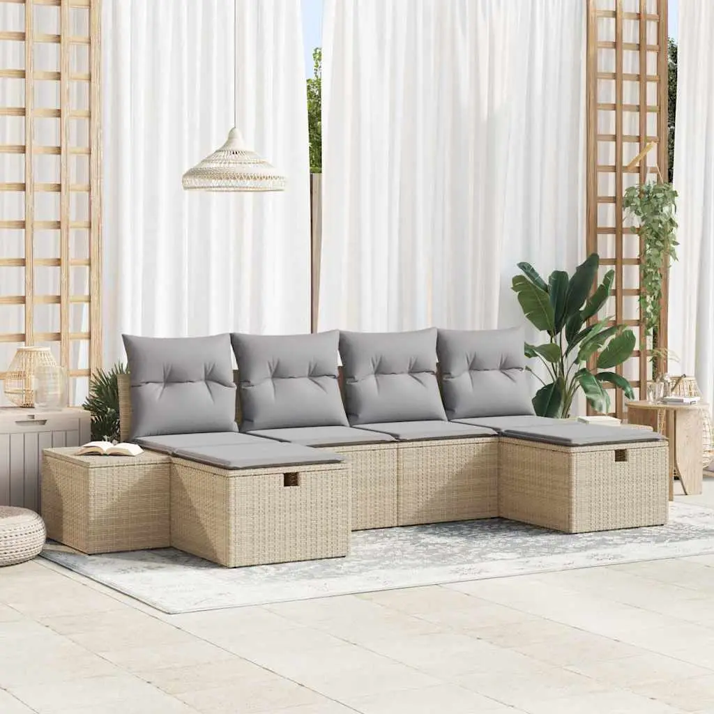 Ensemble de canapé de jardin avec coussin 6 pcs Beige polyrotin vidaXL 3359419 Beige/ Gris clair