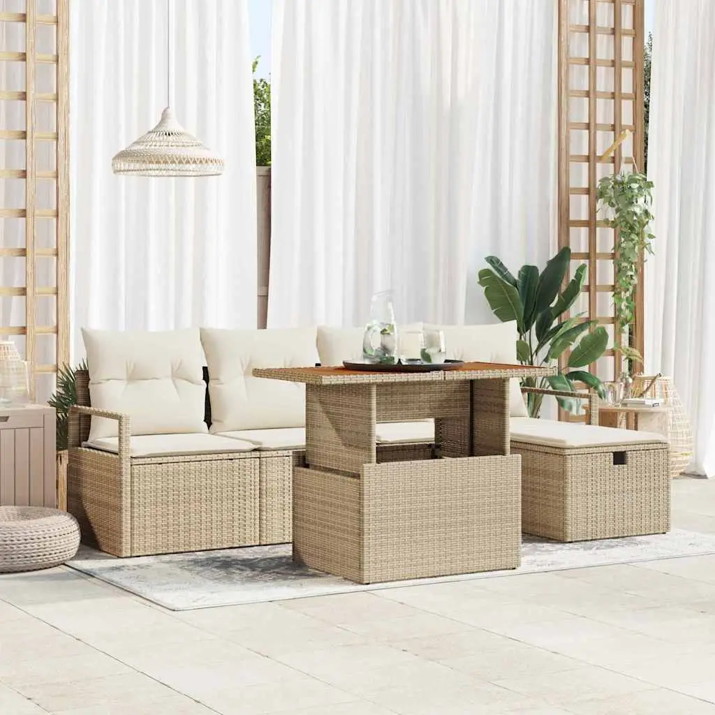 Ensemble de canapé de jardin avec coussin 6 pcs Beige polyrotin vidaXL 3359991 Beige/ Blanc crème