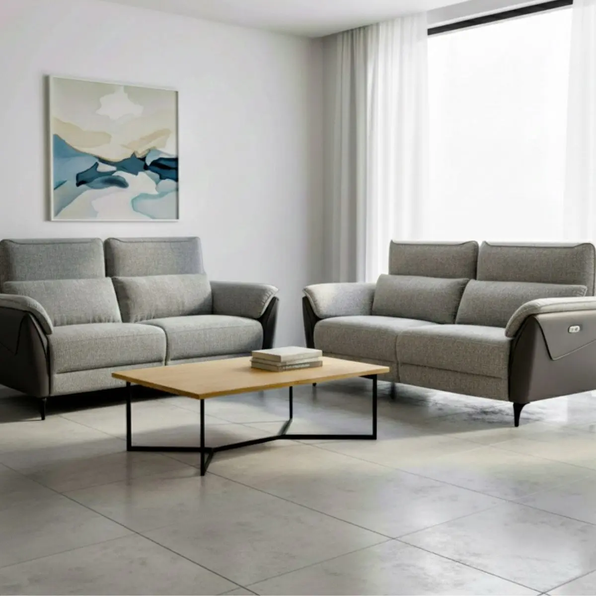 Ensemble canapé relax électrique 3 places + canapé fixe 2 places bi-matière gris – CELESTE