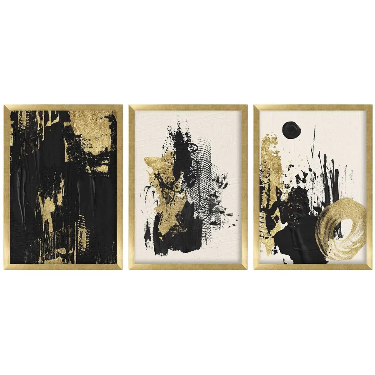 Ensemble de 3 tableaux décoratifs Abstrait noir et doré GoldWhiteBlack