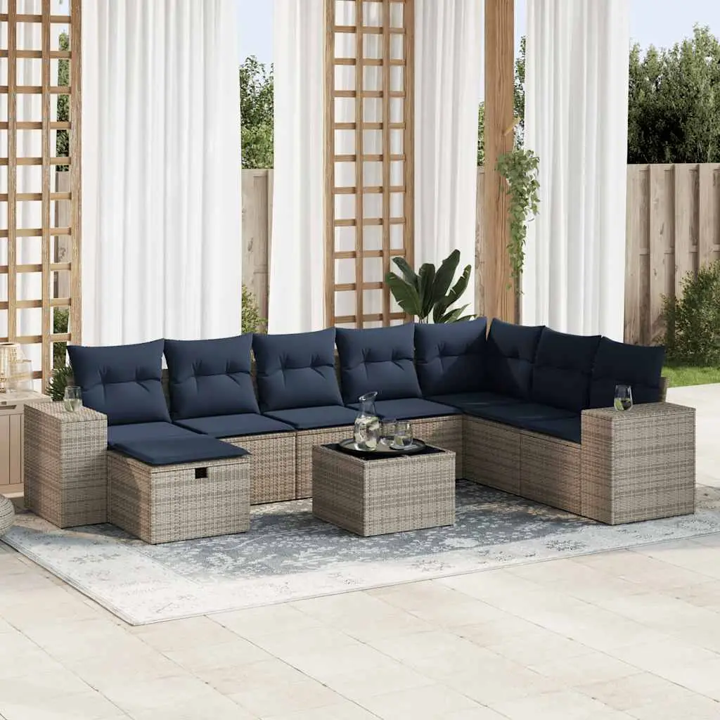 Ensemble de jardin 9 places avec rangement et table en verre en résine tressée Gris – ComfortXL Outdoor Living