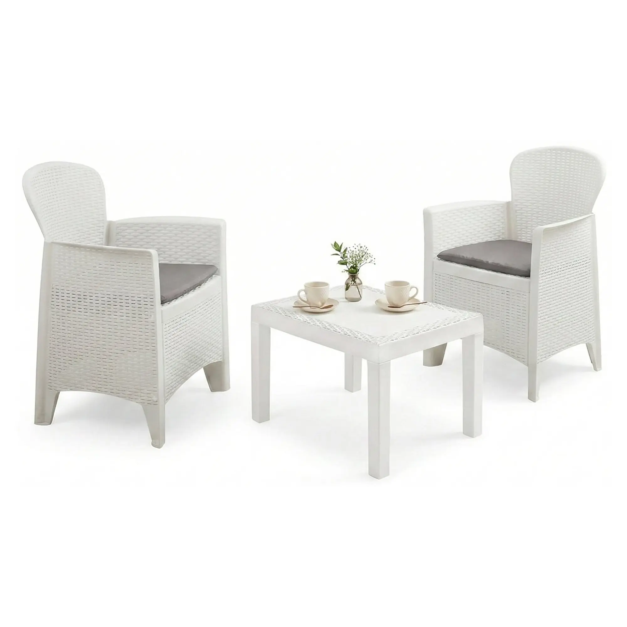 Ensemble de salon d’extérieur Dzucco, Composition de jardin avec 2 fauteuils et 1 table basse, Salon effet rotin avec coussins, Blanc – Dmora famillecouleur2blanc