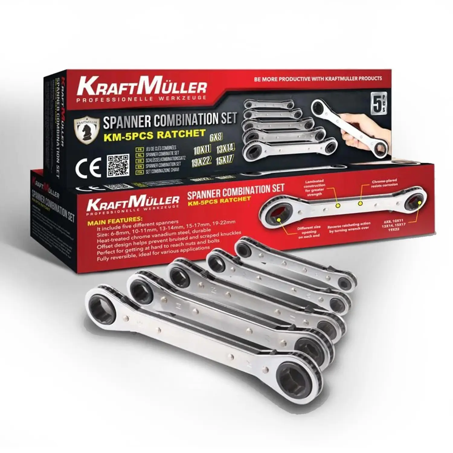Ensemble de 5 clés à cliquet, 6-8, 10-11, 13-14, 15-17, 19-22 mm en Acier Chrome Vanadium, sous sacoche