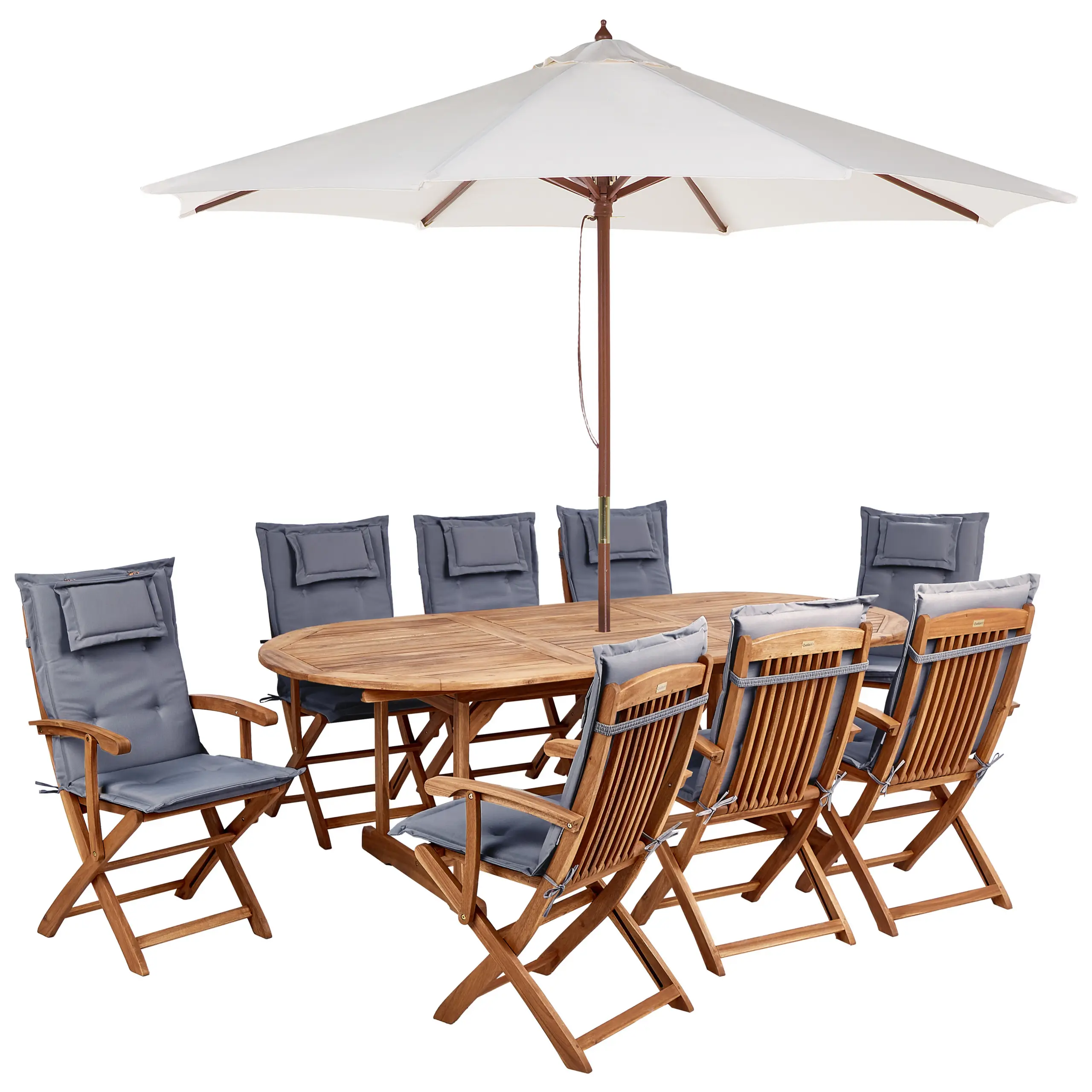 Ensemble de Jardin avec Coussins Gris Graphite en Bois d’Acacia Table et Chaises et Parasol 8 Places Style Rustique Bois clair