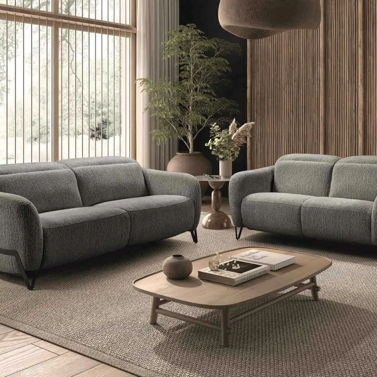 Ensemble Canapé relax électrique + canapé fixe tissu polyester gris – AMSTEN
