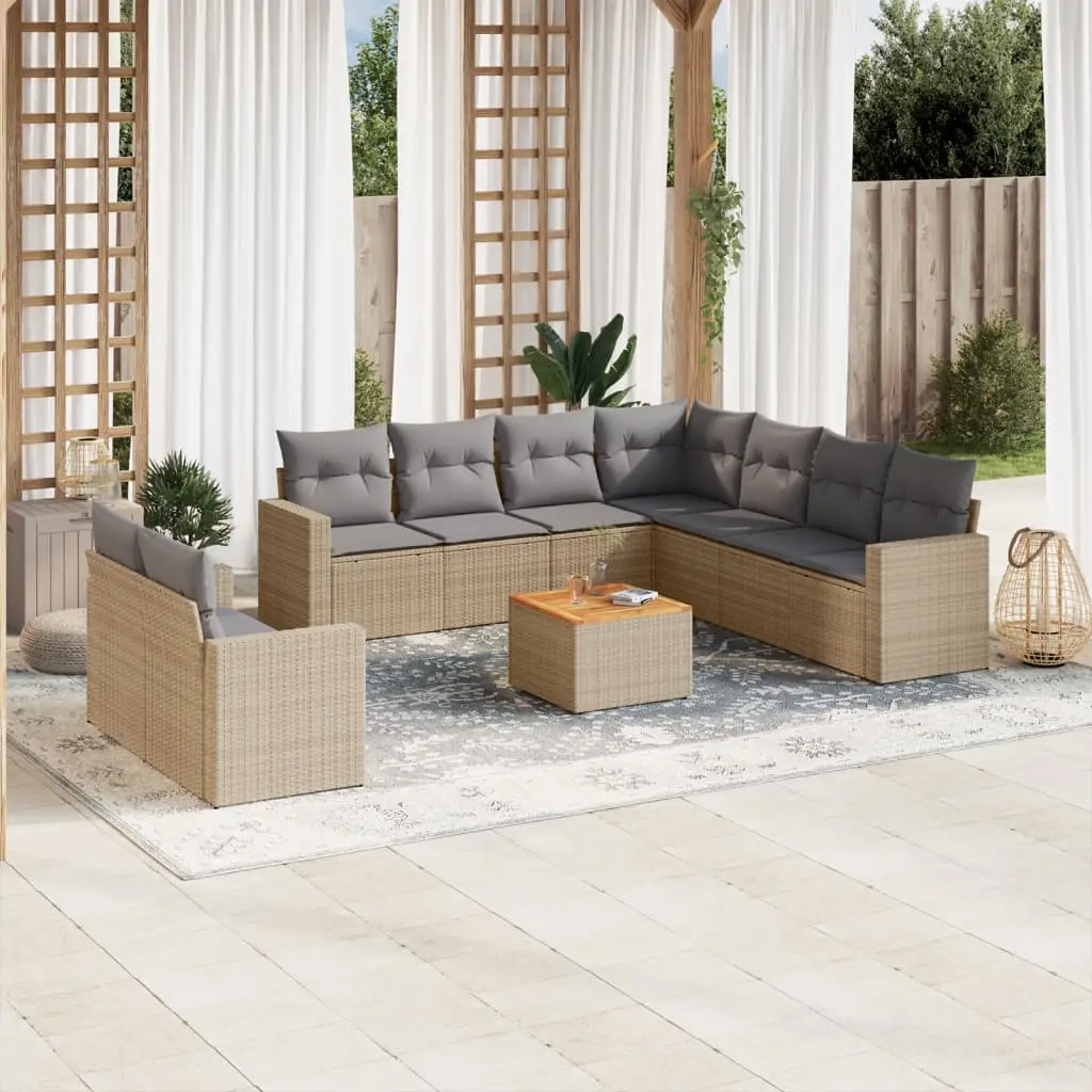 Ensemble de jardin 9 places modulable en résine tressée et bois d’acacia pour terrasse Beige – ComfortXL Outdoor Living