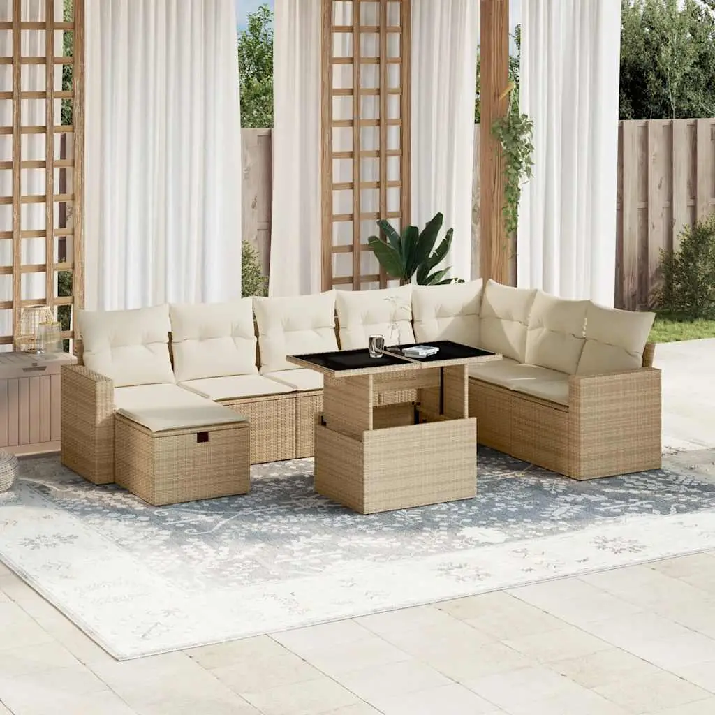 Ensemble de Jardin 9 Places Résine Tressée Beige Table Hauteur Ajustable – ComfortXL Outdoor Living