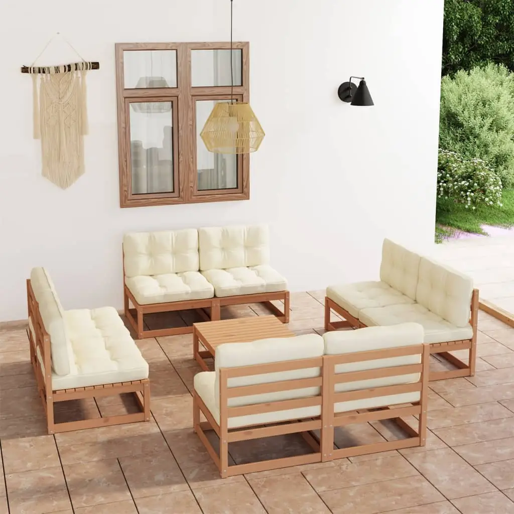 Ensemble de Jardin 9 Éléments en Bois de Pin Brun Miel, 8 Canapés Modulables et Coussins – ComfortXL Outdoor Living