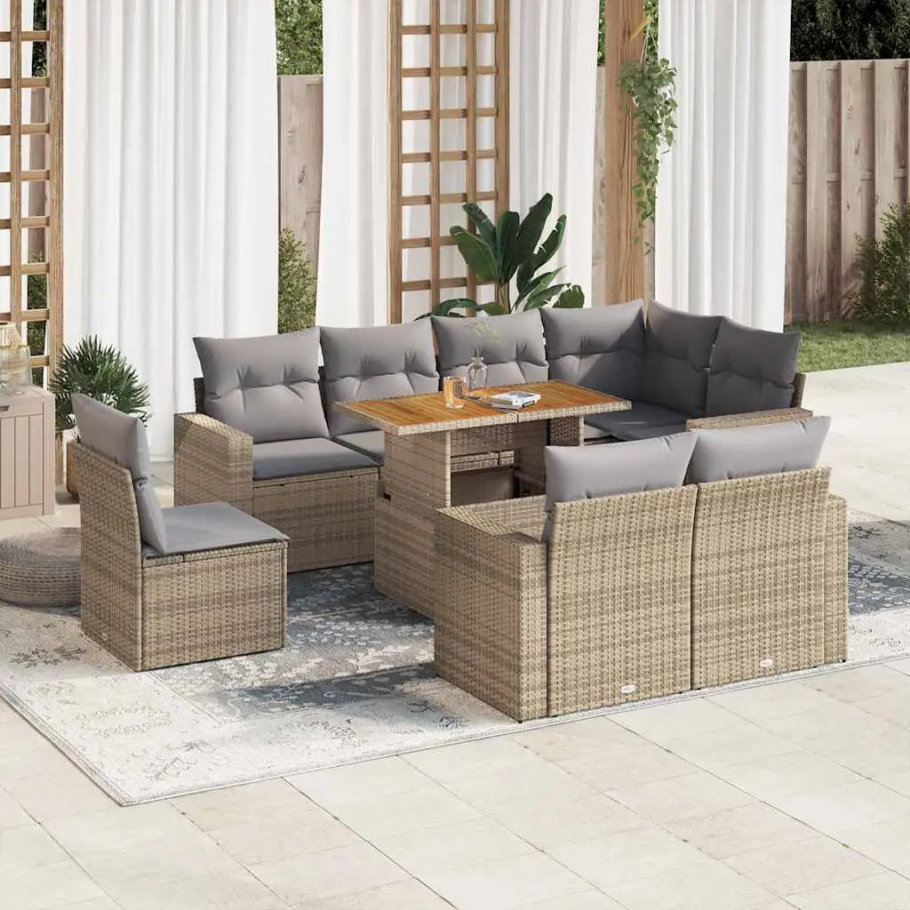Ensemble de jardin 9 pièces résine tressée beige avec table relevable et assises modulables – ComfortXL Outdoor Living