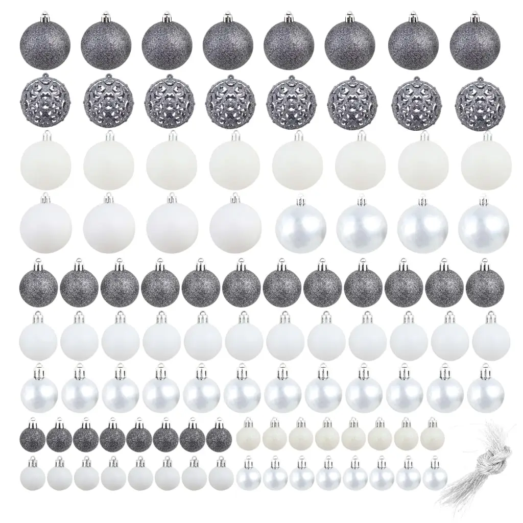 Ensemble de boules de Noël – Ornements de Noël – décorations de Noël 100 pcs 3/4/6 cm Blanc/Gris