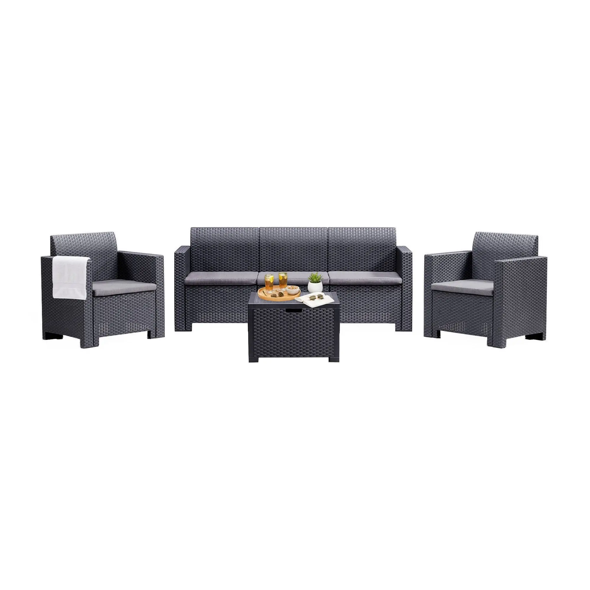 Ensemble de salon d’extérieur Dmuh, Salon de jardin avec coussins, Salon d’intérieur effet rotin, 100% Made in Italy, Anthracite – Dmora famillecouleur2noir