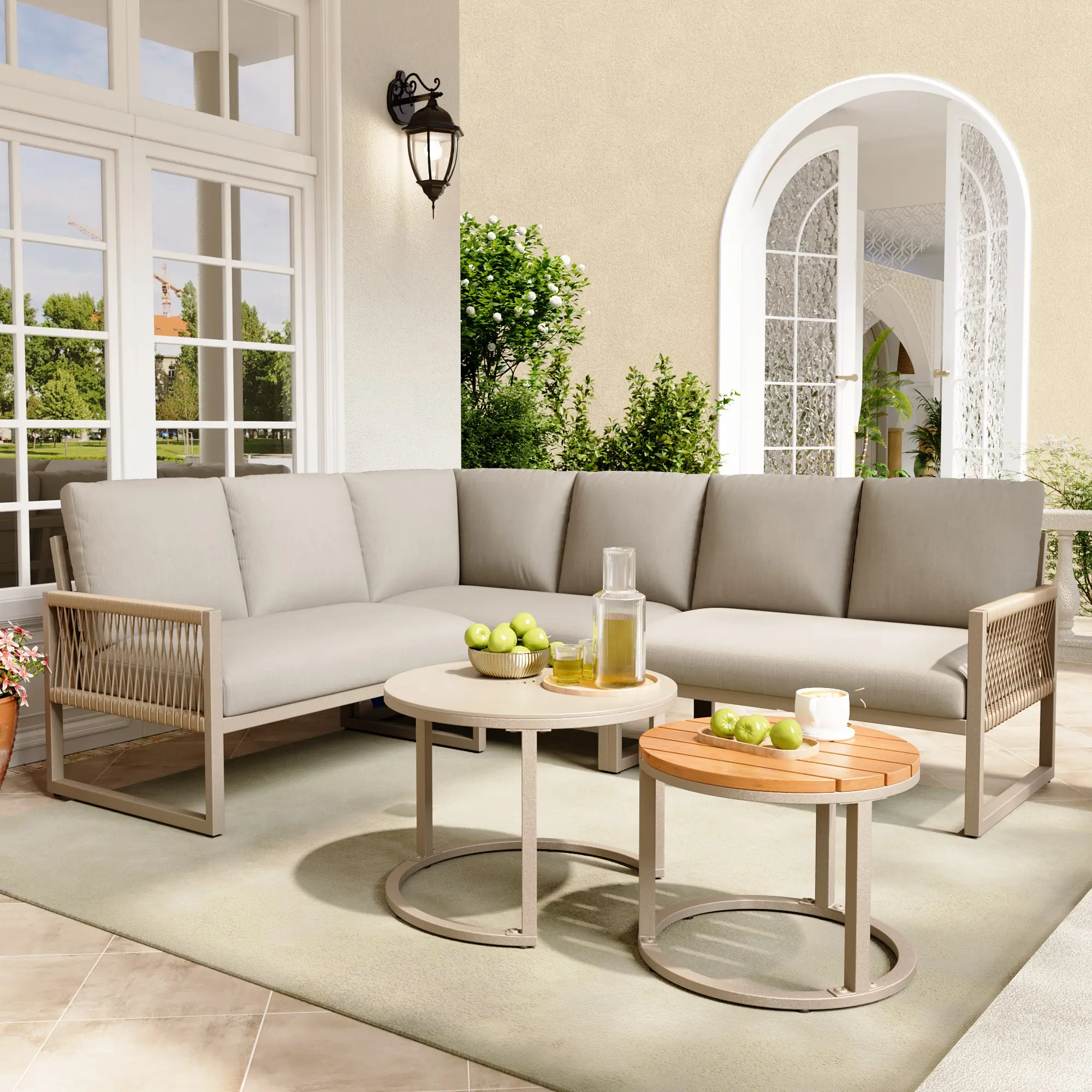 Ensemble de salon de jardin, ensemble de meubles pour 6-7 personnes, incl. coussins d’assise et coussins, beige