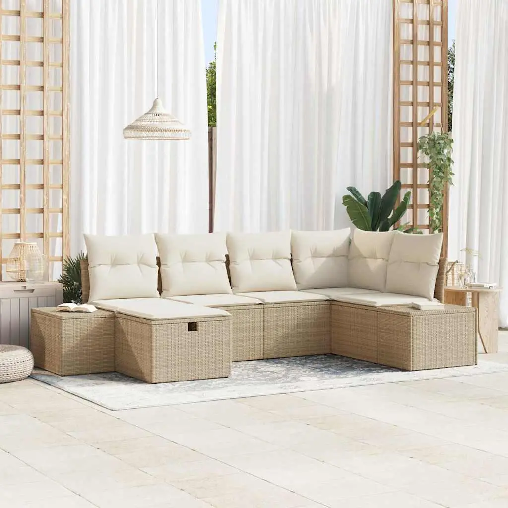 Ensemble de canapé de jardin avec coussin 6 pcs Beige polyrotin vidaXL 3359380 Beige/ Blanc crème