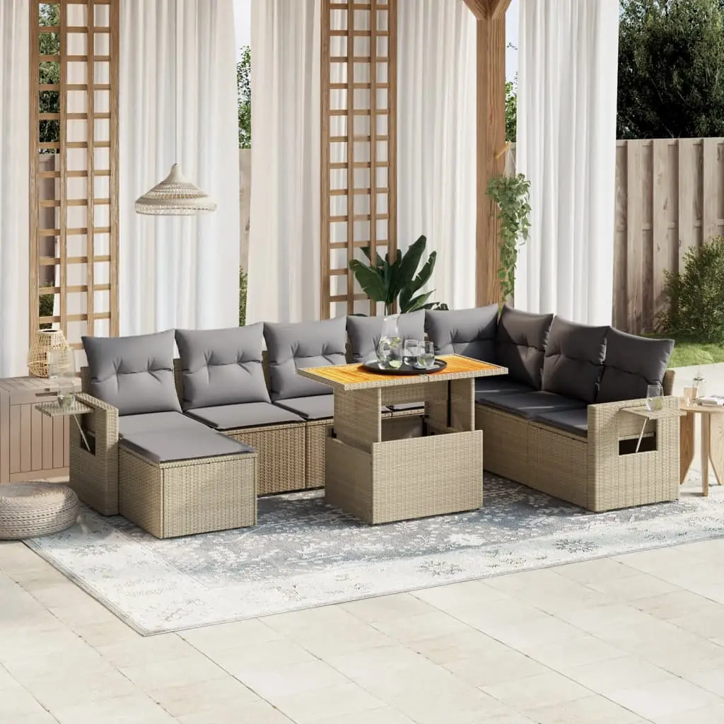 Ensemble de jardin 9 places résine tressée table modulable et tablettes intégrées Beige – ComfortXL Outdoor Living