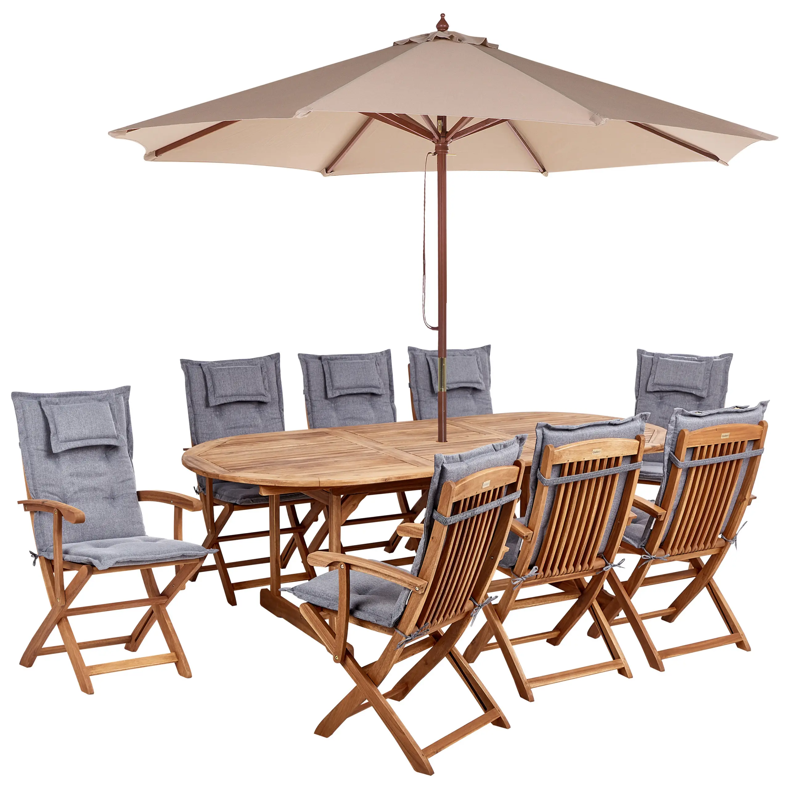 Ensemble de Jardin avec Coussins Gris en Bois d’Acacia Table et Chaises et Parasol 8 Places Style Rustique Bois clair