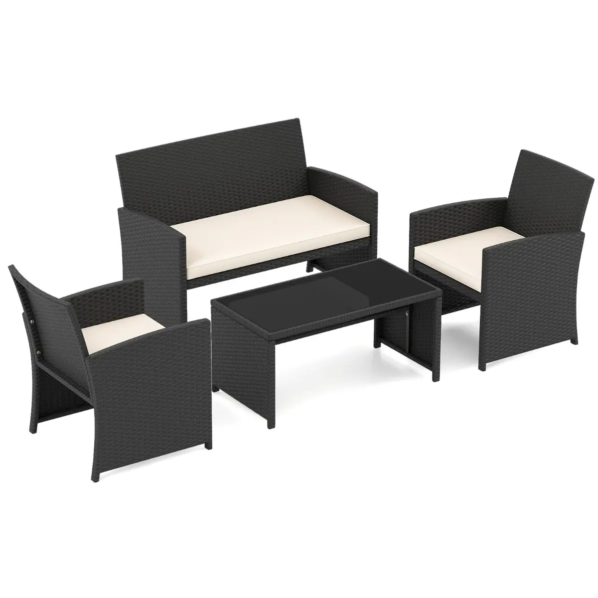 Ensemble de Salon de Jardin en Rotin PE 4 Pièces Canapé 5 Places en Osier avec Fauteuils et Table Basse en Verre Trempé Blanc MAISON CHIC